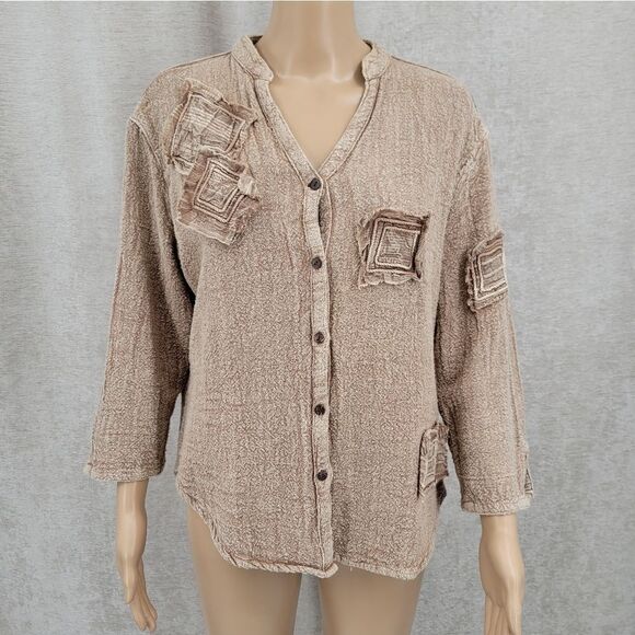 Sacred Threads Boho Cotton Patchwork Neutral Button Down Blouse Top Women's S - Picture 1 of 11
